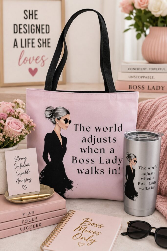 Chic boss lady tote bag and matching tumbler displayed in a feminine office setup with pink decor and inspirational workspace accessories.