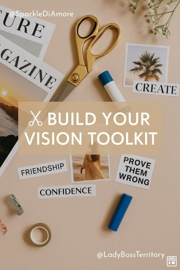 Flat lay of dream board supplies including scissors, magazine clippings, glue stick, and motivational words like “confidence” and “create,” symbolizing vision board ideas for ambitious women.