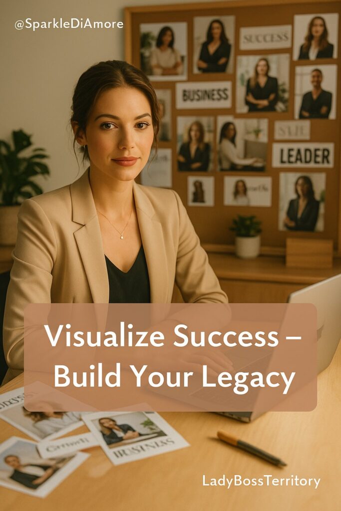 Ambitious woman in beige blazer sitting at desk with a business vision board behind her featuring words like success, leadership, and confidence — symbolizing career goals and empowerment.