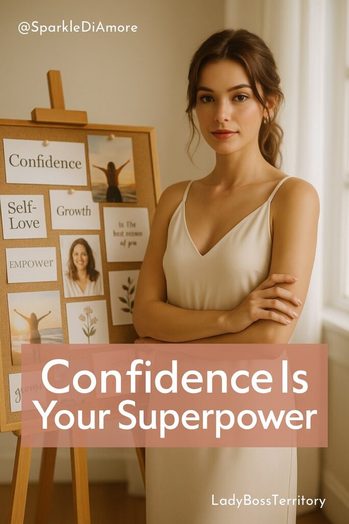 Confident woman standing beside a dream board with empowering words like confidence, self-love, growth, and empower — symbolizing self-belief and empowerment for ambitious women.