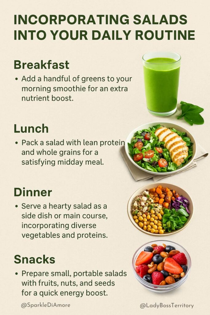 Meal ideas showing salads for breakfast, lunch, dinner, and snacks — with smoothies, leafy greens, chickpeas, grilled chicken, and berries.