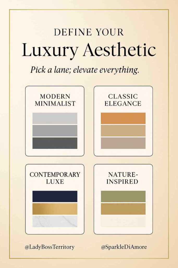 Infographic showing four luxury office aesthetics: Modern Minimalist, Classic Elegance, Contemporary Luxe, and Nature-Inspired. Each palette highlights how to style a high-end home office with colors and materials.