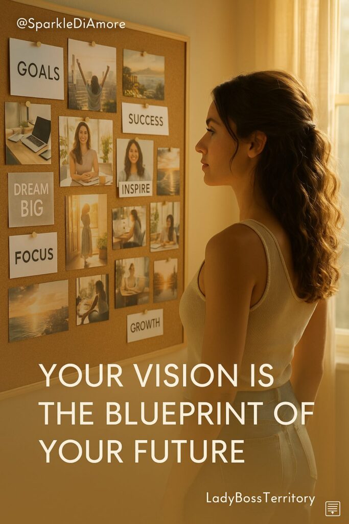 Ambitious woman looking at a dream board with motivational goals and success quotes, representing vision board ideas for women entrepreneurs.