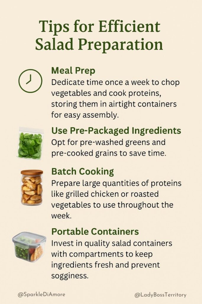 Meal prep and salad preparation tips including batch cooking, using pre-packaged ingredients, and portable containers for busy professionals.