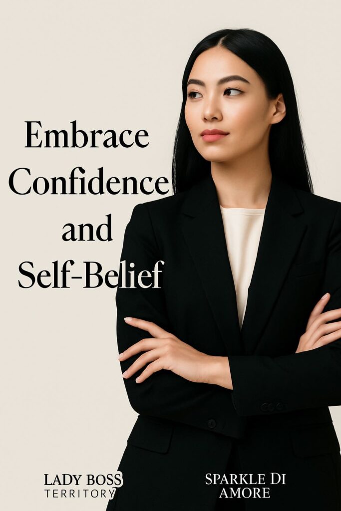 Confident professional woman in a black blazer with arms crossed, representing self-belief and confidence as the foundation for business success.