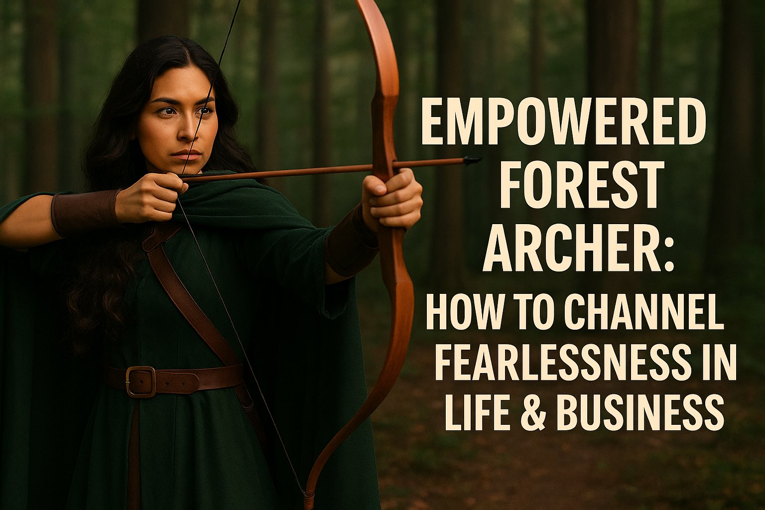 Confident woman archer standing in a forest aiming her bow, symbolizing fearlessness, focus, and empowerment in business and life.