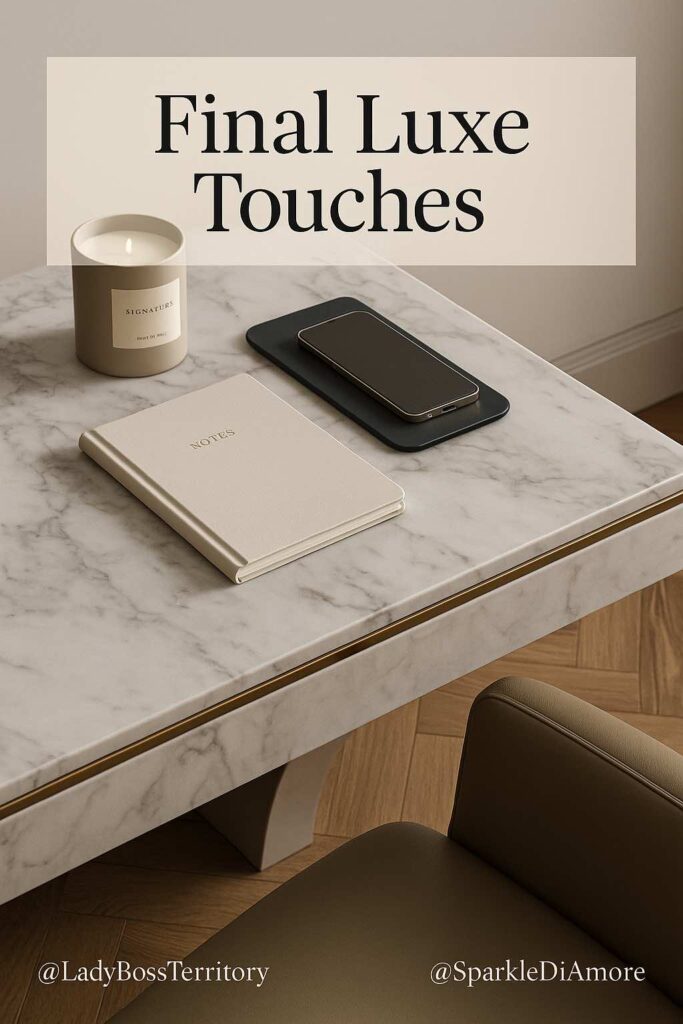 Close-up of a marble office desk with a lit luxury candle, embossed notebook, smartphone on a wireless charger, and a leather chair. Text overlay reads “Final Luxe Touches.”