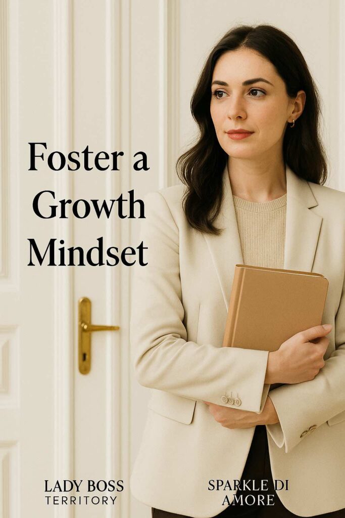 Professional woman in a cream blazer holding a notebook, symbolizing the importance of fostering a growth mindset for entrepreneurship and success.
