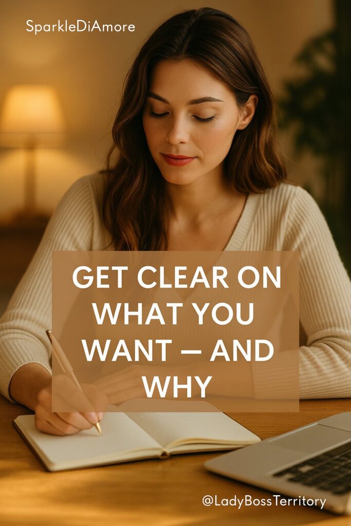 Woman writing in a journal while reflecting on her goals and intentions, representing clarity and purpose for ambitious women creating dream boards.