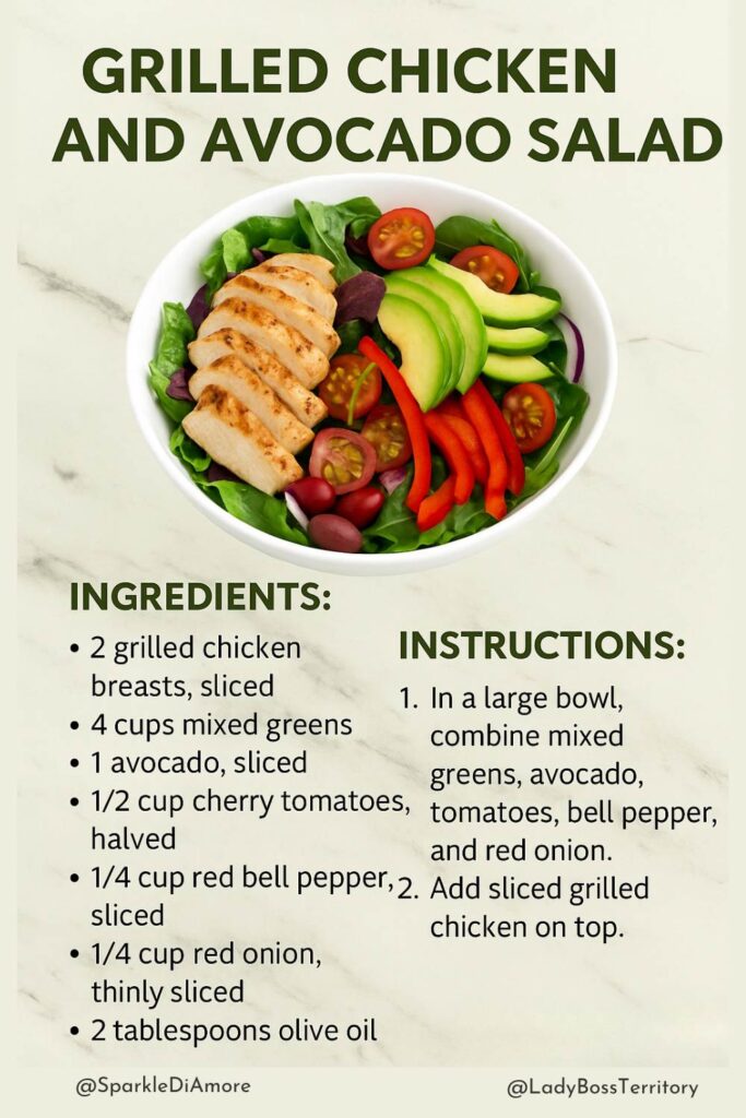 Grilled chicken and avocado salad with mixed greens, tomatoes, and red bell pepper — a quick and energizing meal for busy entrepreneurs.