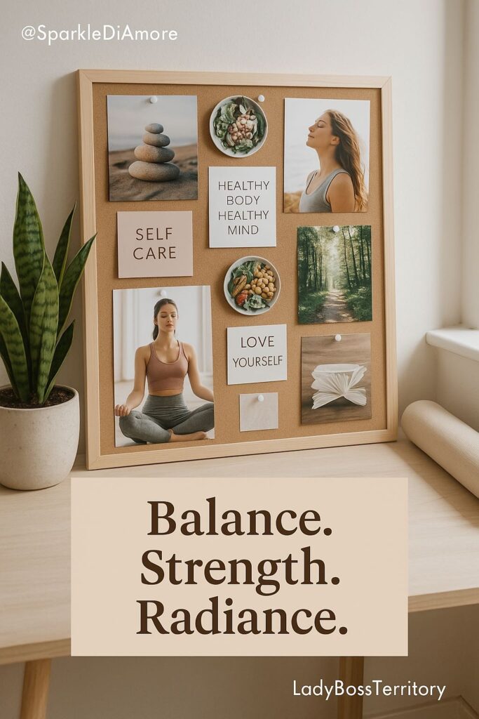 Health and wellness dream board with images of meditation, healthy food, nature, and self-care quotes — representing balance, strength, and radiance for women.