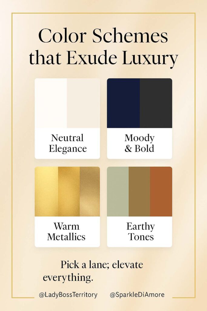 Infographic showing four luxury office color palettes: Neutral Elegance (white and beige), Moody & Bold (navy and charcoal), Warm Metallics (gold and bronze), and Earthy Tones (greens and terracotta). Text overlay reads “Color Schemes that Exude Luxury.”