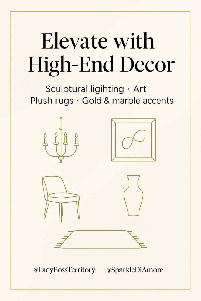 Infographic with the text “Elevate with High-End Décor” listing sculptural lighting, art, plush rugs, and gold & marble accents. Minimal gold line illustrations of a chandelier, chair, framed art, vase, and rug.