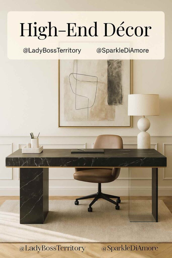 Photograph of a luxury office with a black marble desk, modern abstract art on the wall, a sculptural table lamp, and neutral tones. Text overlay reads “High-End Décor.”