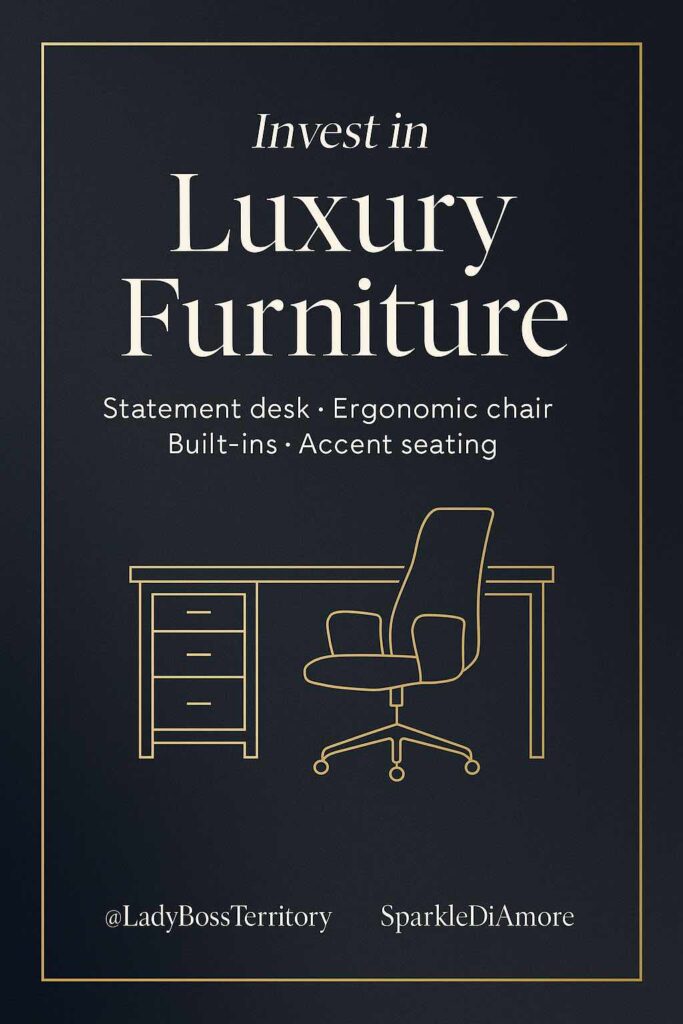 Graphic with text “Invest in Luxury Furniture” highlighting essentials for a high-end office: statement desk, ergonomic chair, built-ins, and accent seating. Minimal gold line illustration of a desk and chair on a dark navy background.