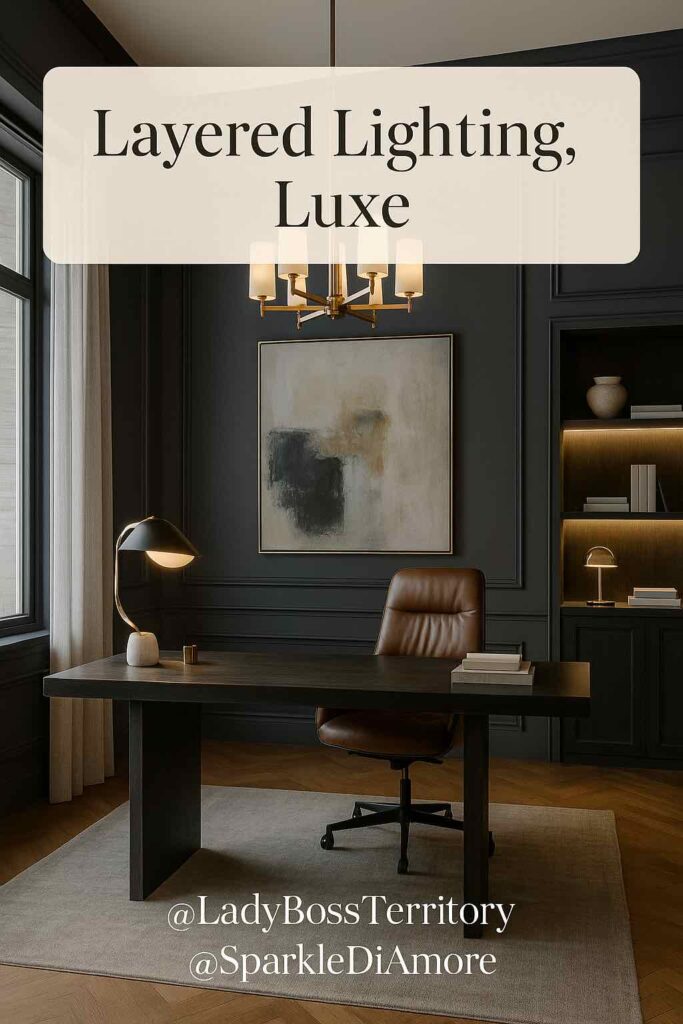 Photograph of a luxury home office with navy walls, a dark wood desk, brown leather chair, chandelier, desk lamp, and LED shelf lights. Text overlay reads “Layered Lighting, Luxe.”