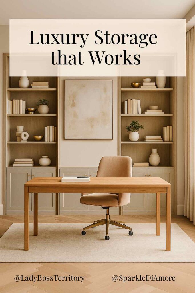 Photo of a luxury home office with light wood built-in shelves styled with books and decor, a neutral executive chair, and a minimalist wood desk. Text overlay reads “Luxury Storage that Works.”