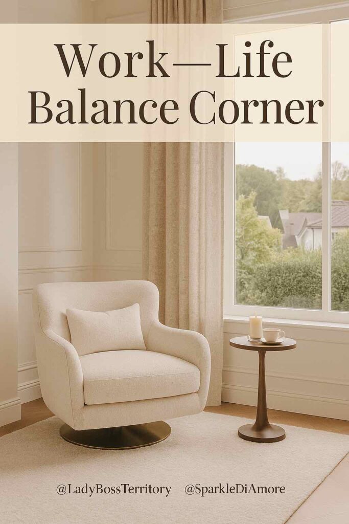 Photo of a luxury office reading nook with a cream armchair, side table, candle, and cup of tea by a large window. Text overlay reads “Work-Life Balance Corner.”