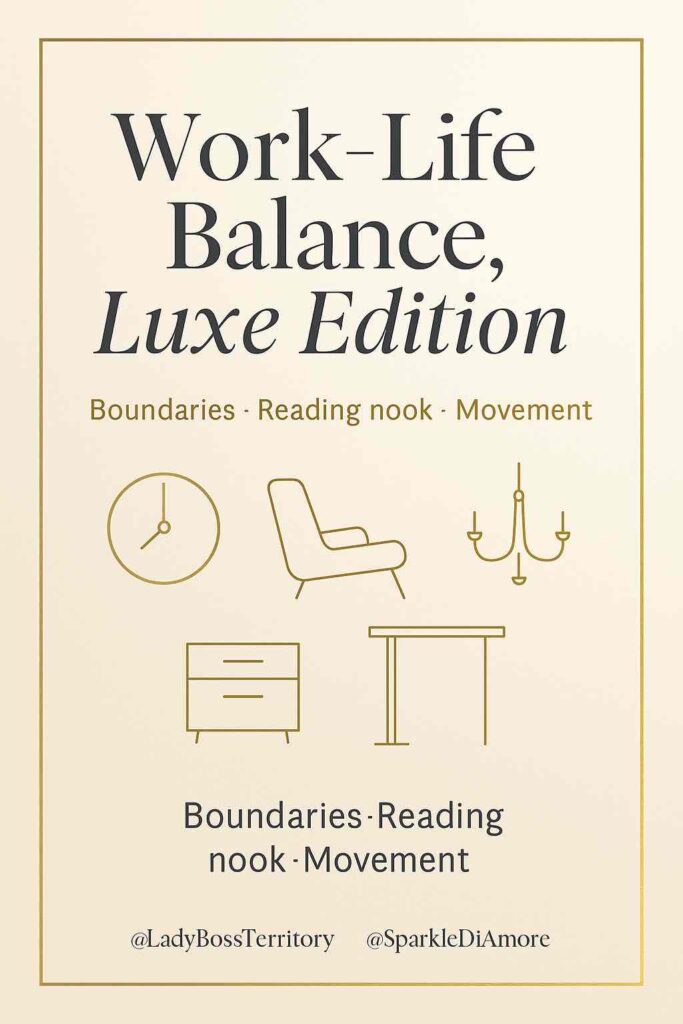 Infographic titled “Work-Life Balance, Luxe Edition” with icons of a clock, lounge chair, chandelier, desk, and cabinet. Text highlights boundaries, reading nook, and movement for luxury office design.