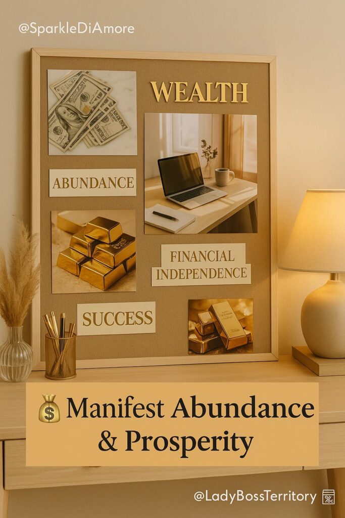 Financial freedom dream board with images of money, gold bars, and the words wealth, abundance, and success — symbolizing prosperity and manifestation for women.
