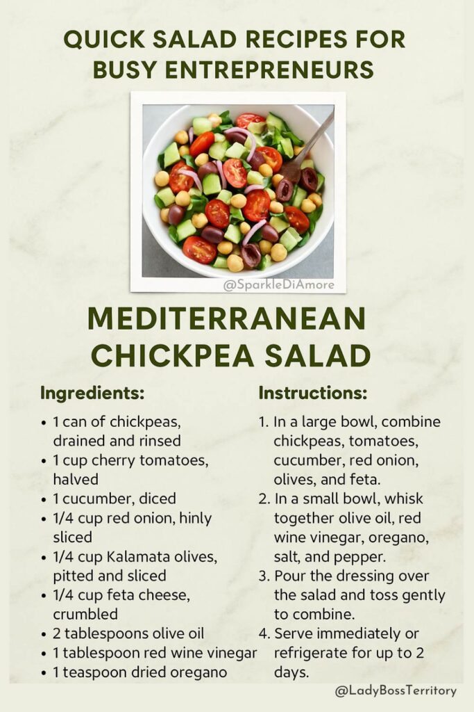 Colorful Mediterranean chickpea salad with cucumbers, cherry tomatoes, olives, and feta — a fast, healthy recipe for busy entrepreneurs.