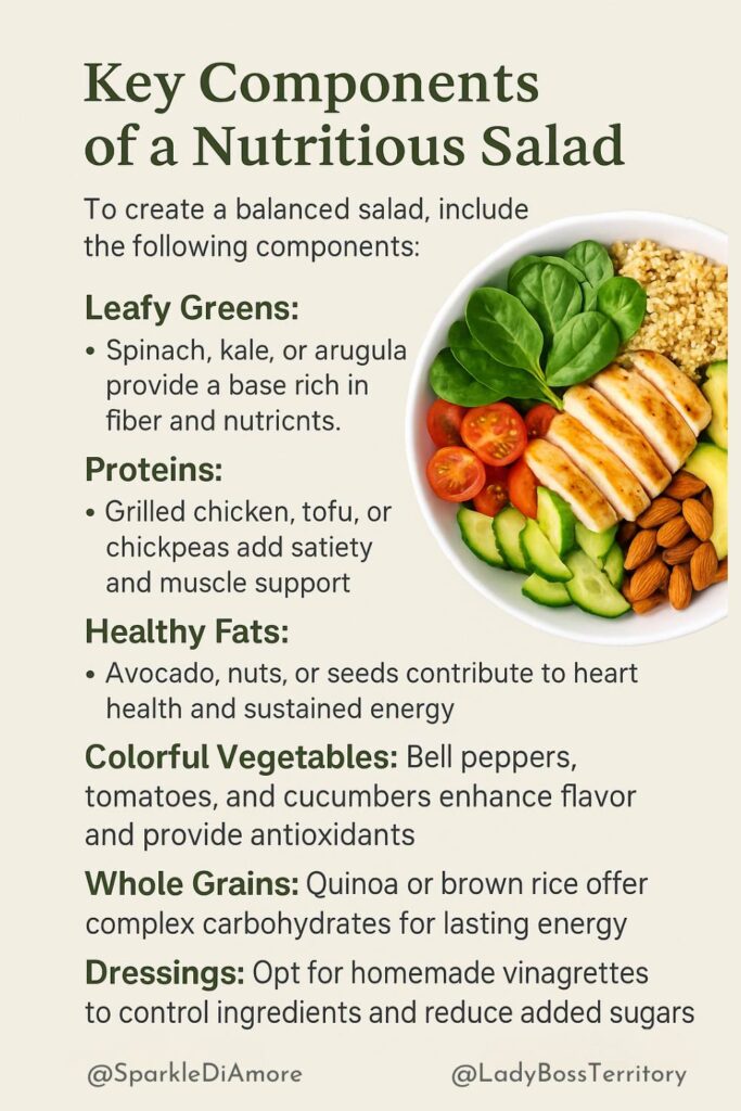 Healthy salad bowl with spinach, grilled chicken, cherry tomatoes, cucumber, quinoa, and almonds — showcasing key components of a balanced meal.