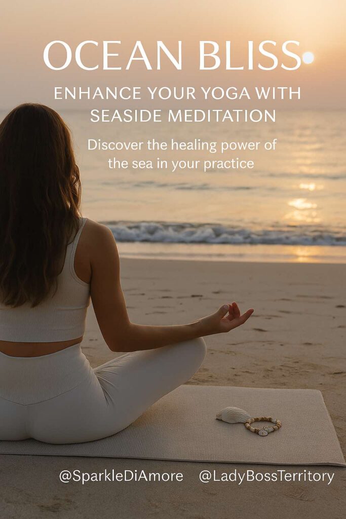 Woman meditating in lotus pose on a yoga mat by the ocean at sunrise with a gemstone mala and seashell, symbolizing inner peace through seaside meditation.