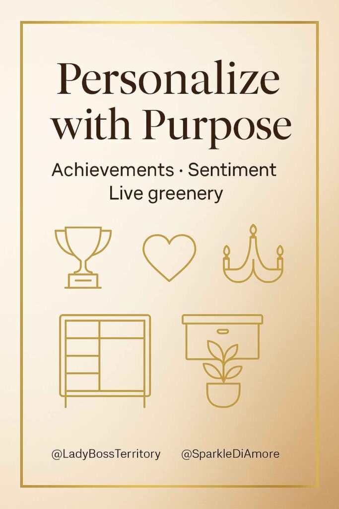 Infographic titled “Personalize with Purpose” featuring icons of a trophy, heart, chandelier, cabinet, and plant. Text highlights achievements, sentiment, and live greenery as elements of luxury office personalization.