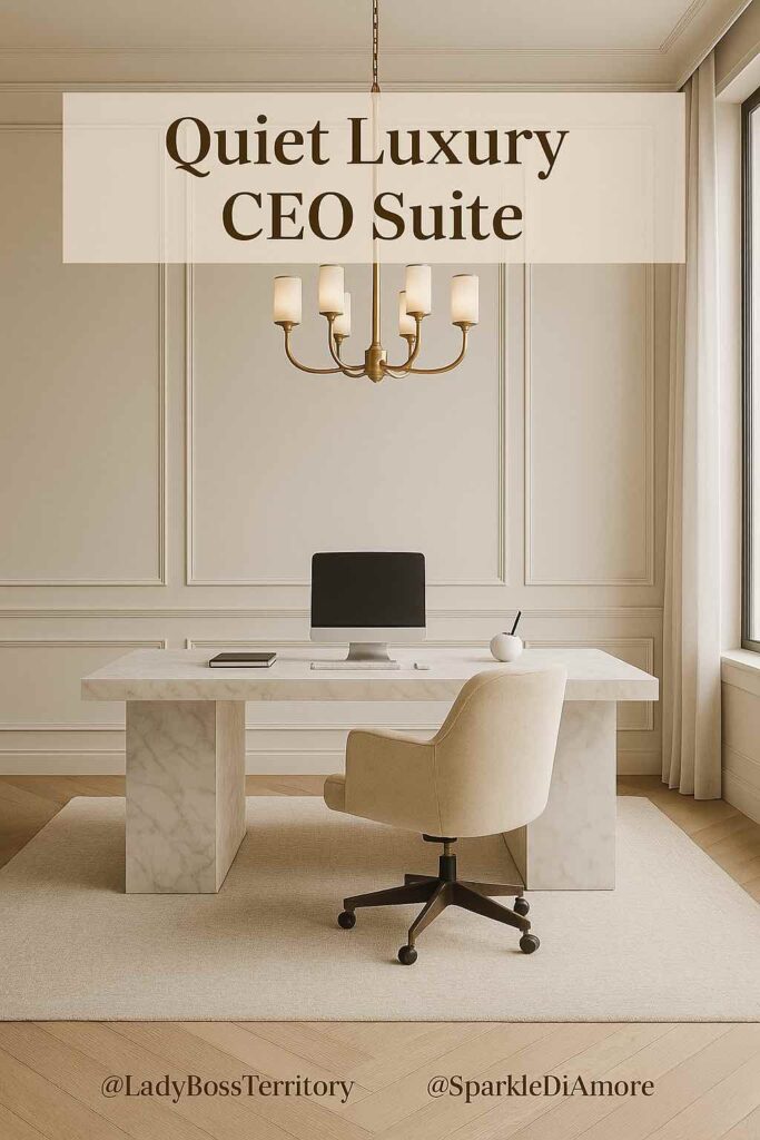 Photograph of a luxury CEO office with a marble desk, cream swivel chair, brass chandelier, and neutral panelled walls. Text overlay reads “Quiet Luxury CEO Suite.”