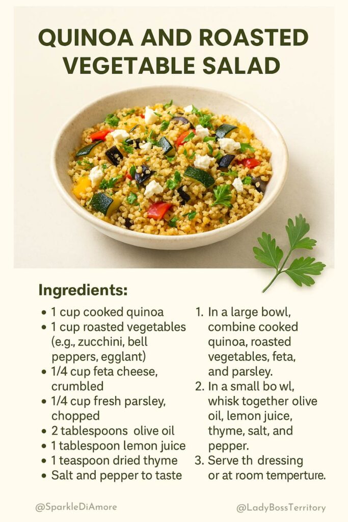 Bowl of quinoa salad with roasted zucchini, bell peppers, eggplant, and feta — a wholesome, plant-based meal for busy professionals.