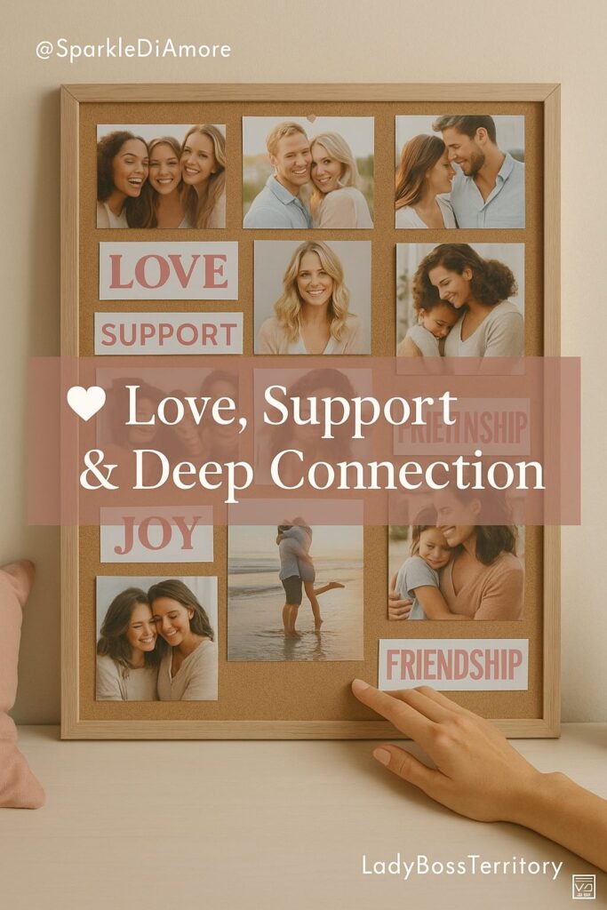 Vision board featuring photos of couples, friends, and family with inspiring words like love, support, friendship, and joy — symbolizing connection and emotional fulfillment.