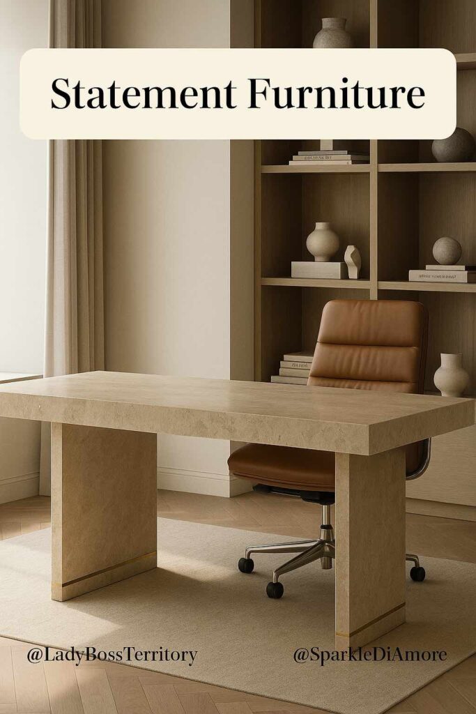 Photograph of a luxury office featuring a bold travertine desk, caramel leather ergonomic chair, and custom shelving styled with minimal decor. Text overlay reads “Statement Furniture.”
