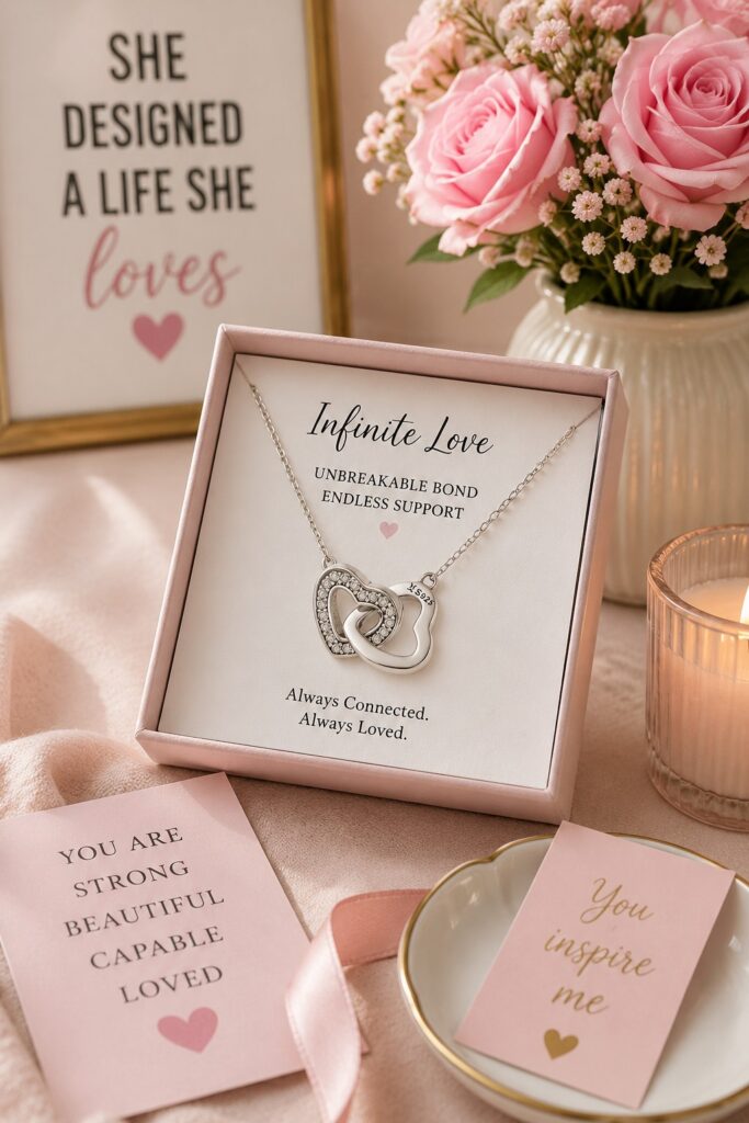 Elegant sterling silver infinite love necklace displayed in a soft pink luxury gift box surrounded by roses and feminine decor.