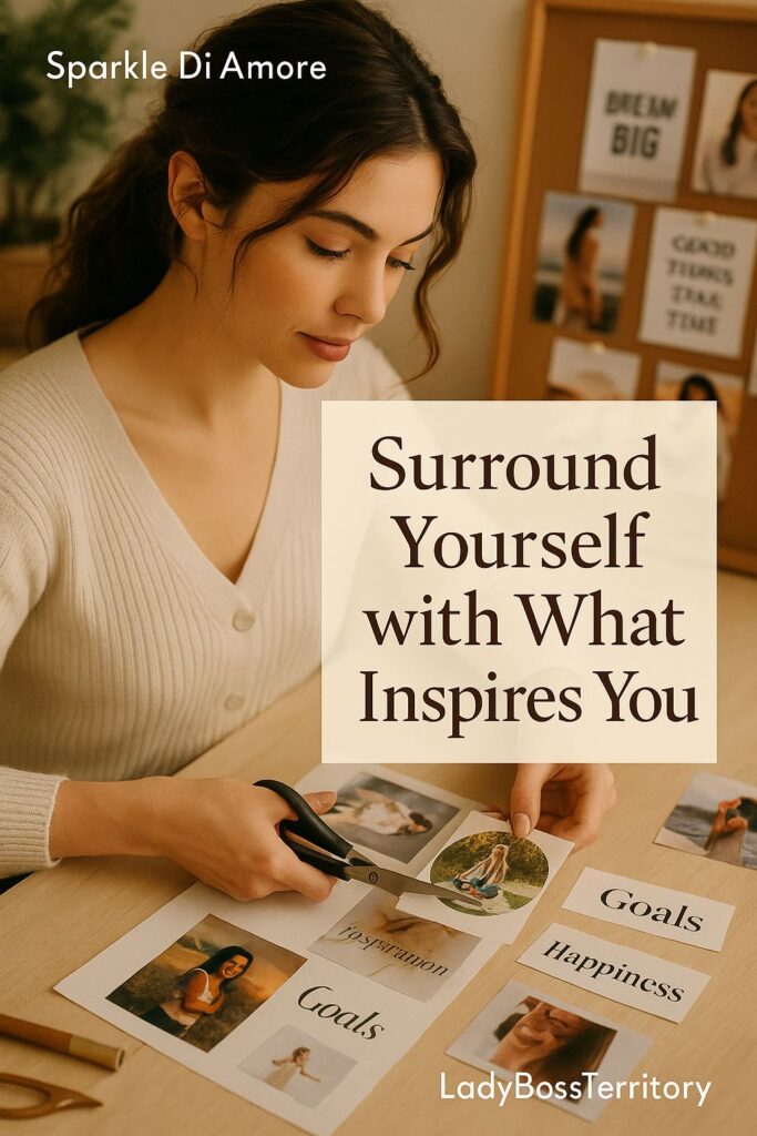 Woman creating a dream board by cutting inspirational images and goal words like “happiness” and “goals,” representing visualization and empowerment for ambitious women.