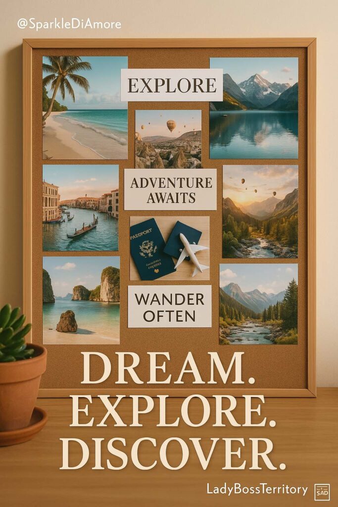Travel vision board featuring beach, mountains, hot air balloons, and the words explore, adventure awaits, and wander often — inspiring women to dream, travel, and discover.