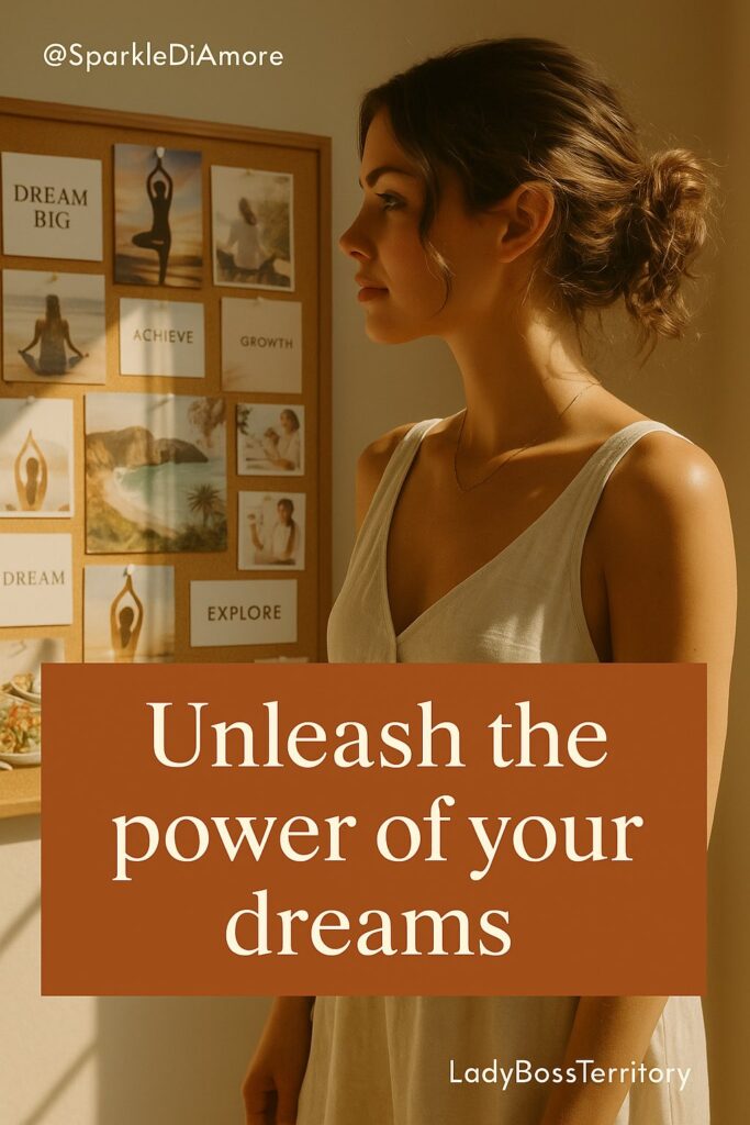 Woman standing beside an inspiring dream board filled with motivational words like “dream big,” “achieve,” and “growth,” symbolizing empowerment and goal manifestation.