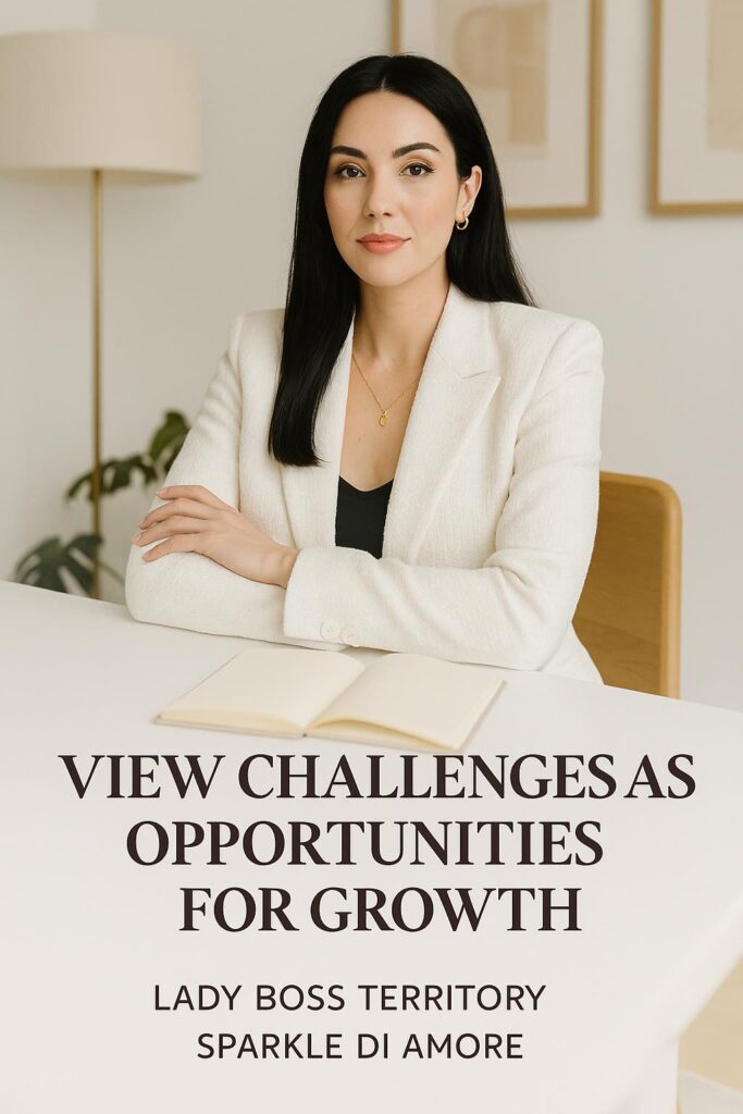 Professional woman in a cream blazer sitting at a desk with an open notebook, representing how entrepreneurs can view challenges as opportunities for growth.