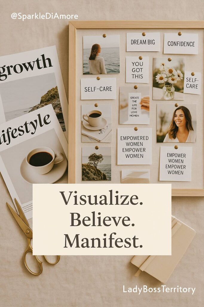 Vision board for women featuring inspiring quotes, self-care reminders, and empowerment messages with the text “Visualize. Believe. Manifest.”
