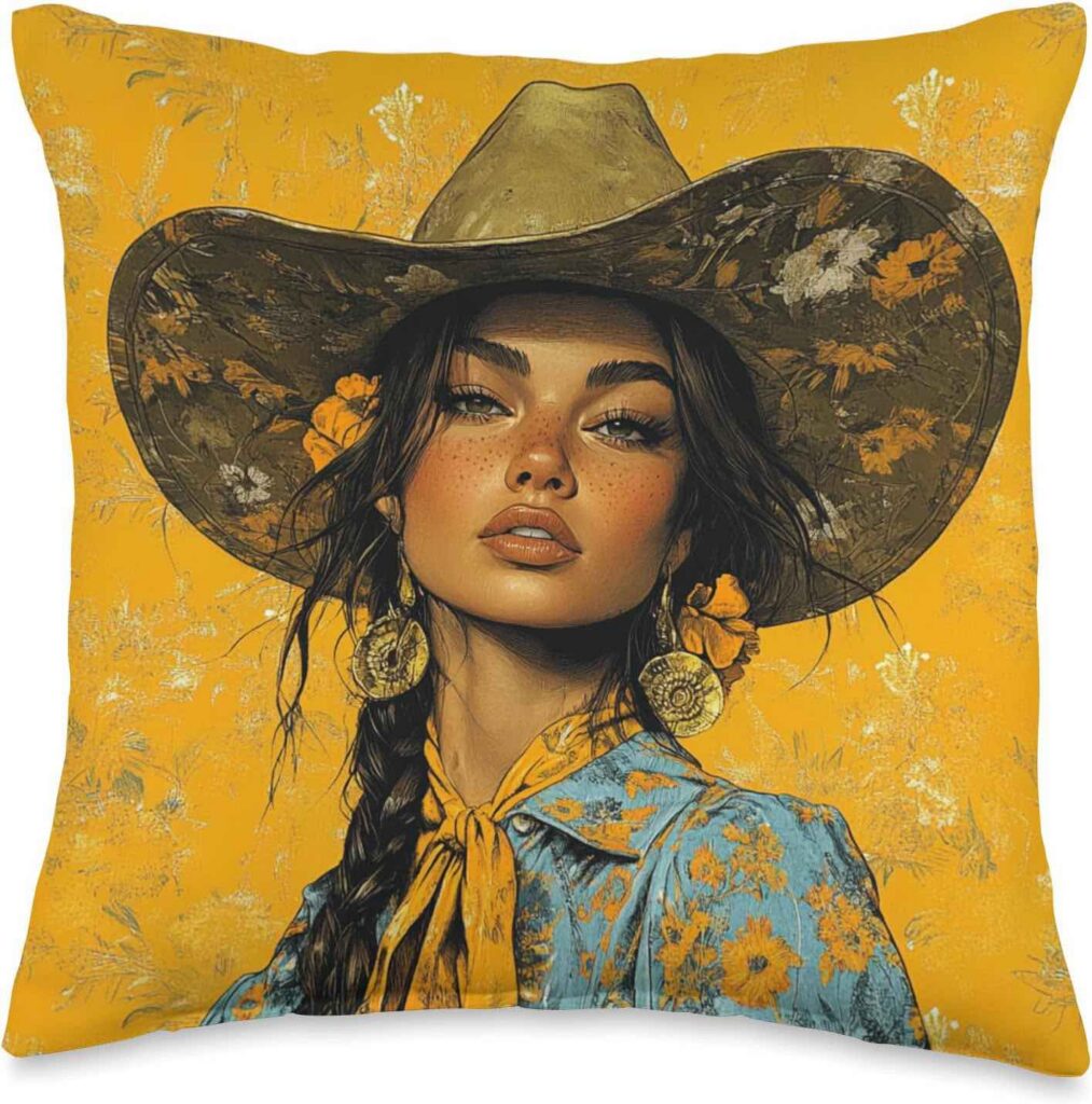 Western Chic Decorative Pillow with Cowboy Hat Art for Rustic Home Decor