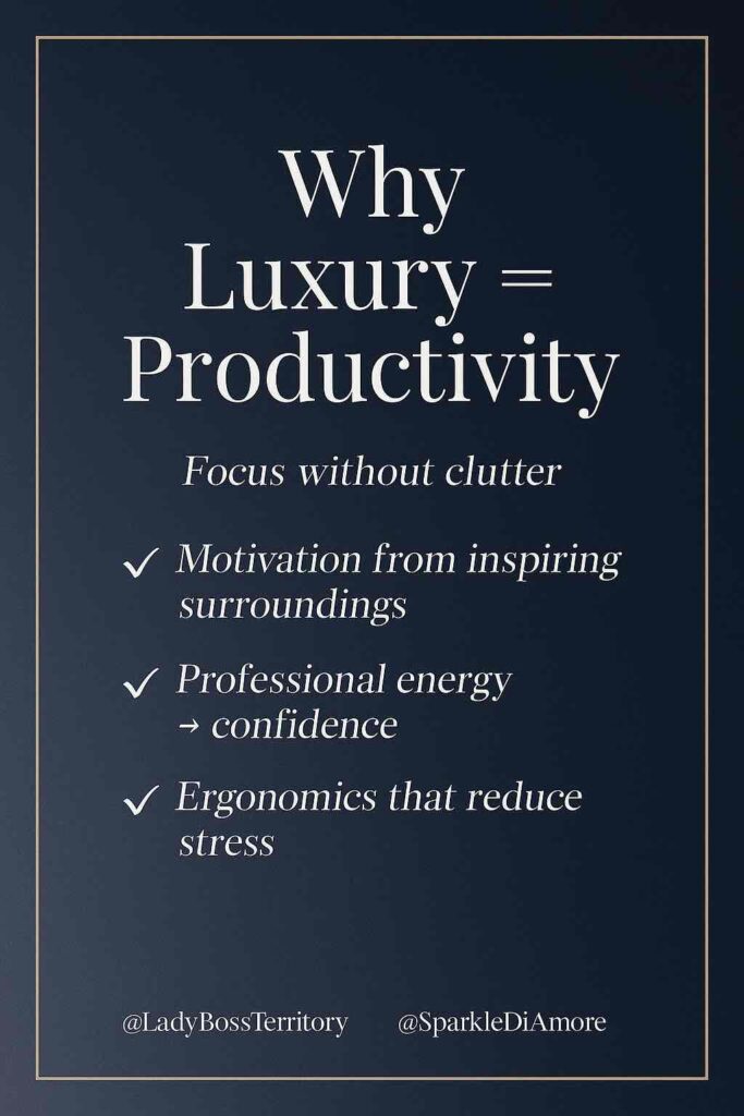 Graphic with the text “Why Luxury = Productivity” listing benefits: focus without clutter, motivation from inspiring surroundings, professional confidence, and ergonomics that reduce stress