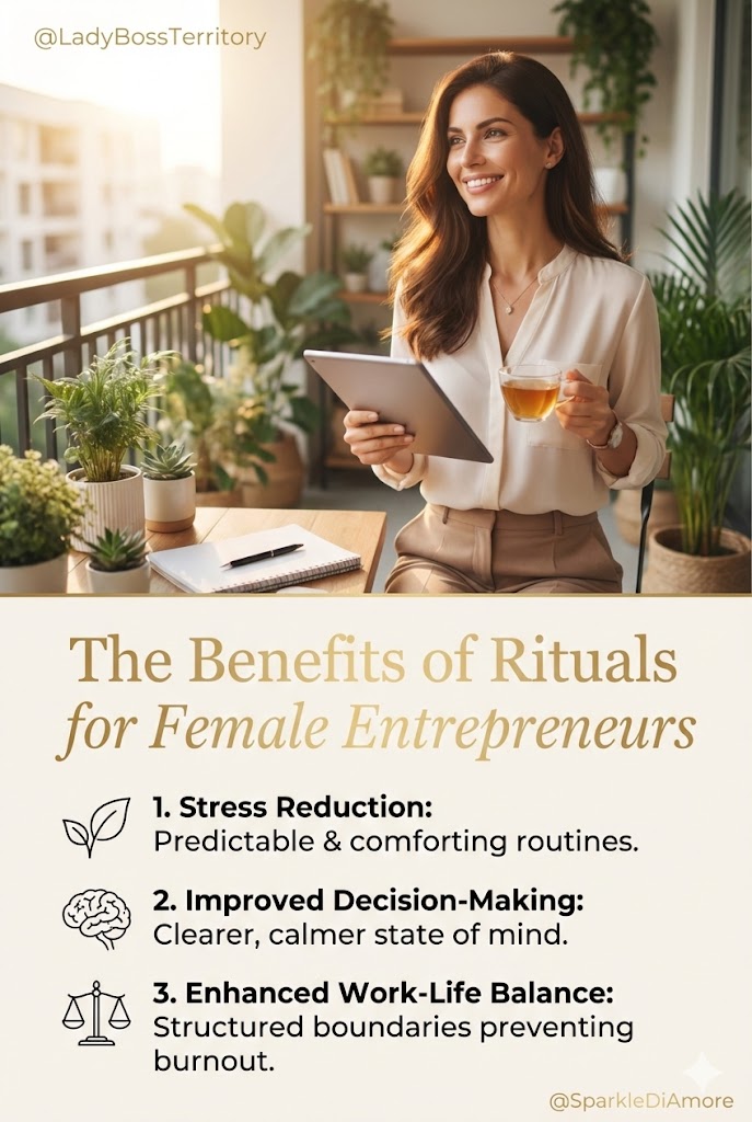 An infographic showing a smiling female entrepreneur on a balcony holding a tablet and tea. Below her is a list titled "The Benefits of Rituals for Female Entrepreneurs" with three points: 1. Stress Reduction, 2. Improved Decision-Making, and 3. Enhanced Work-Life Balance, each with an icon and brief description.