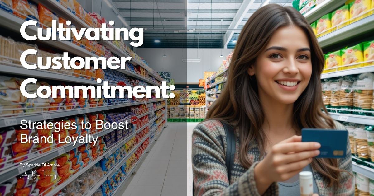 Smiling woman holding a credit card in a supermarket, representing customer commitment and brand loyalty.