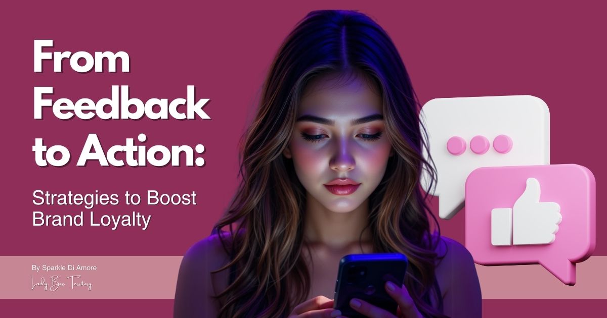 A young woman looking at her phone, representing customer engagement and feedback. Speech bubble icons with a thumbs-up and message dots symbolize brand loyalty strategies.