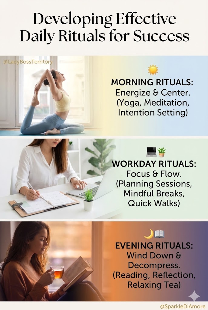 A three-part infographic detailing daily rituals for success. Top: Morning rituals to energize (yoga, meditation). Middle: Workday rituals for focus (planning, breaks). Bottom: Evening rituals to wind down (reading, tea).