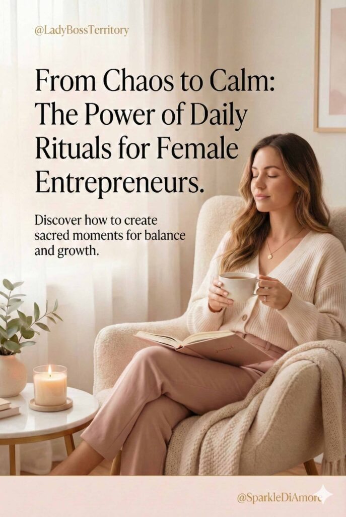 A serene female entrepreneur sitting in a cozy cream armchair, holding a mug and journal with eyes closed in reflection. Text overlay reads: "From Chaos to Calm: The Power of Daily Rituals for Female Entrepreneurs."