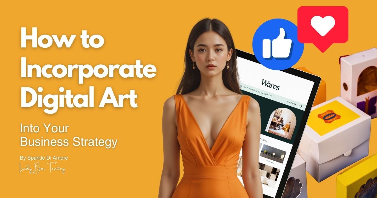 A stylish woman in an orange dress with digital elements representing business strategy, including a website, packaging, and social media icons.