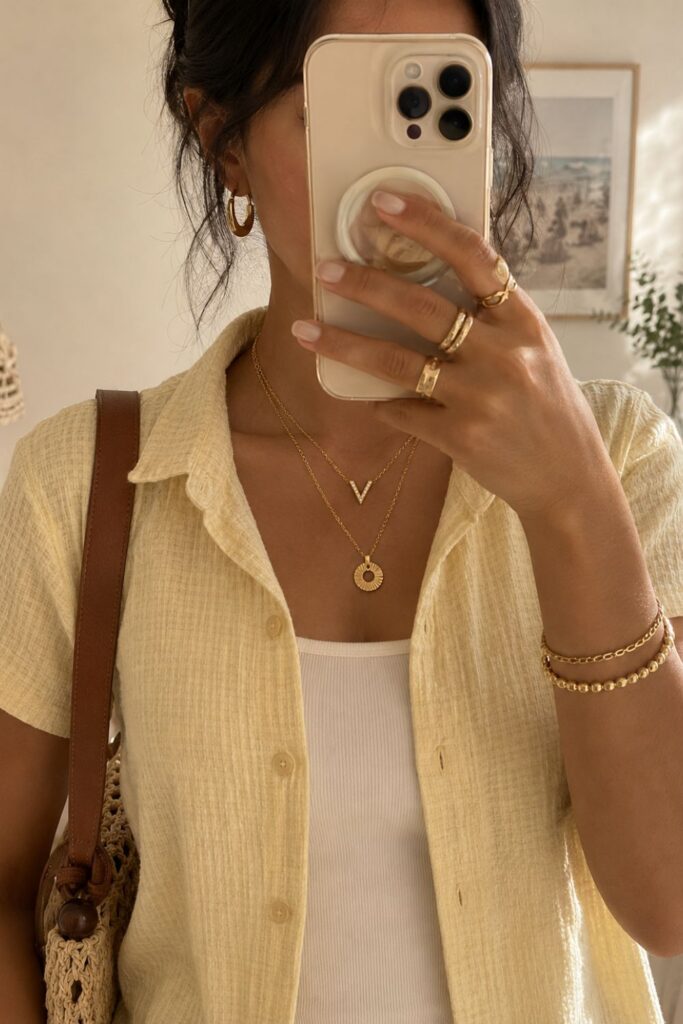 Woman wearing layered gold necklaces featuring a Victory V necklace and Fortune pendant necklace styled with a minimalist fashion outfit.