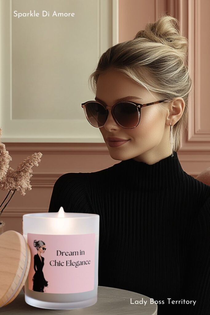 A sophisticated woman in sunglasses enjoying a serene moment with a luxury pink frosted glass candle. The candle emits a soft, elegant glow, enhancing a cozy, stylish ambiance.