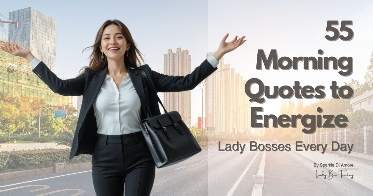 Confident businesswoman in a black suit smiling and raising her arms in a cityscape background, representing empowerment and success for lady bosses.