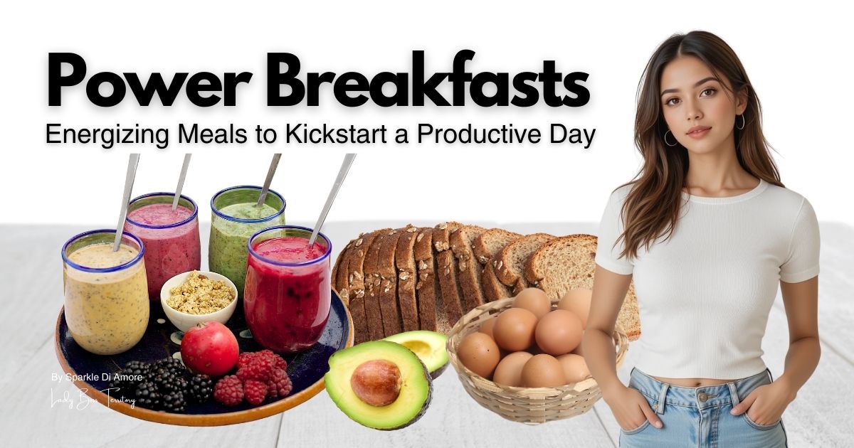 Power breakfasts with smoothies, whole grain bread, eggs, avocado, and a woman promoting healthy eating.
